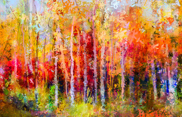 Obraz na płótnie Canvas Oil painting landscape, colorful autumn trees. Semi abstract paintings image of forest, aspen tree with yellow, red leaf. Fall season nature background. Hand Painted Impressionist, outdoor landscape