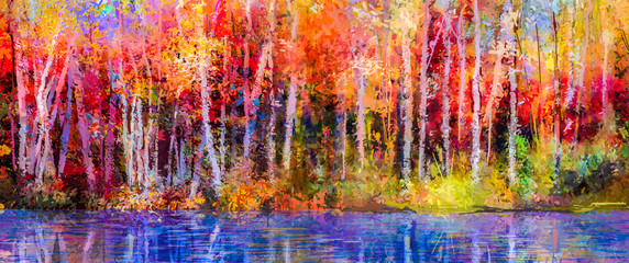 Oil painting colorful autumn trees. Semi abstract image of forest, aspen trees with yellow - red leaf and lake. Autumn, Fall season nature background. Hand Painted Impressionist, outdoor landscape - obrazy, fototapety, plakaty