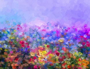 Abstraktes buntes Ölgemälde lila Kosmos Blume, Gänseblümchen, Wildblumen im Feld. Gelbe und rote Wildblumen auf der Wiese mit blauem Himmel. Frühling, Sommersaison Naturhintergrund. © nongkran_ch