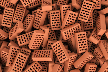 Rendering of red face bricks lying together in disorder, top view.