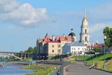 Sunny July day on Volga embankment. Yaroslavl region, Rybinsk