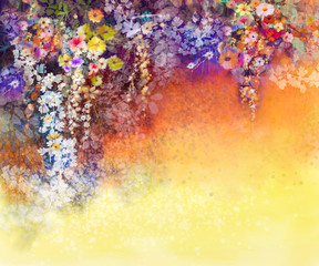 Fototapeta premium Abstract floral watercolor painting. Hand painted White, Yellow and Red flowers in soft color on blue green color background. Ivy flowers in tree park. Spring flower seasonal nature background