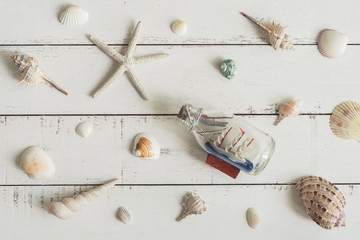 sail boat toy model and shell on white wooden background