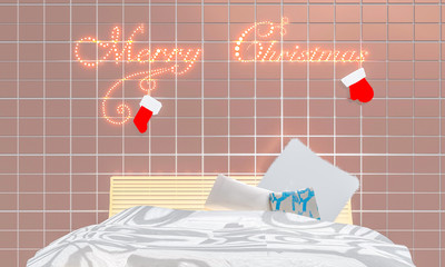 Bed room in chistmas day. Decorate with red  sock, red  glove's santa claus and light look warm in bed room. 3d render.