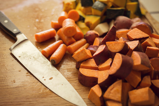 Chopped root vegetables in the kitchen