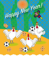 サッカーボールとニワトリの酉年のイラスト年賀状テンプレート
