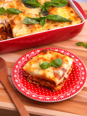 Lasagna Bolognese - classic italian pasta recipe. Shot from top