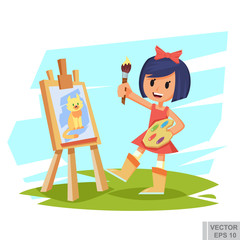 artist girl child painting cat on canvas. character design. Creative people professions collection. Cute cartoon vector illustration