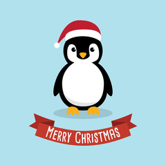 Penguin cartoon character. Cute Penguins wearing Santa Claus hat standing on sky blue background. Flat design Vector illustration for Merry Christmas and Happy New Year invitation card.