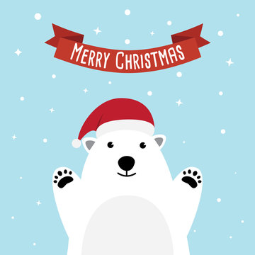 Polar bear cartoon character. A Cute Polar bear wearing Santa Claus hat standing on sky blue background. Flat design Vector illustration for Merry Christmas and Happy New Year invitation card.