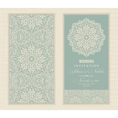 Wedding invitation card arabic, mandala, green and beige. - 129058983