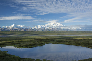 Fototapeta na wymiar View of the Alaska Range and Mckinly Bar River from a kettle pon
