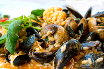 Pasta with Mussels Dinner Dish on a the table