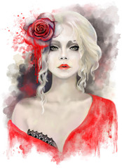 portrait  beautiful woman with blonde curly hair, watercolor painting, splash paint. Digital illustration. Red rose. passionate, impassioned,  fantasy