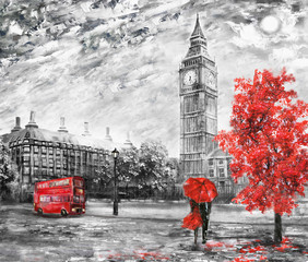 obraz olejny na płótnie, widok ulicy w Londynie. Grafika. Big Ben. mężczyzna i kobieta pod czerwonym parasolem, autobusem i drogą. Drzewo. Anglia - 129060722