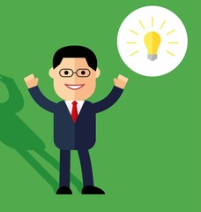 Cartoon man in suit. Concept idea. Vector illustration of a creative young cartoon businessman pointing at light bulb as a symbol of having an idea