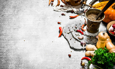 Fresh spices, herbs and autumn vegetables