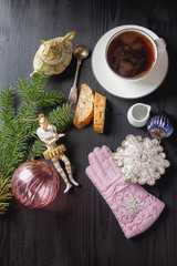 Fototapeta na wymiar Traditional Italian food. Christmas toys. Cantuccini cookies wit