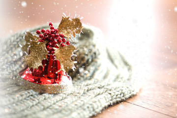Obraz na płótnie Canvas Cozy winter whool scarf , Christmas decoration background 