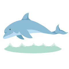 Cartoon illustration graceful blue dolphin with a kind smile over water