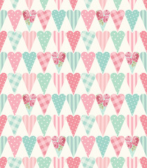 Cute seamless vintage pattern with textured hearts in shabby chic style