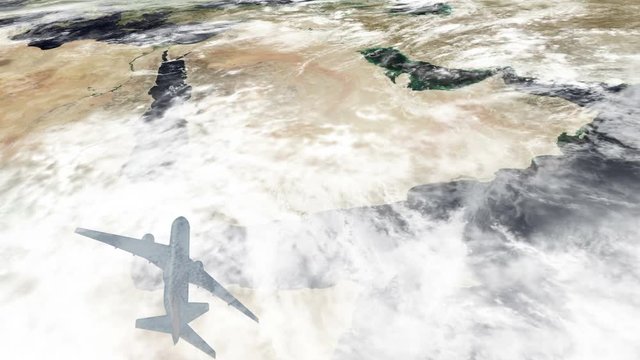 glossy airplane flying over saudi arabia and jeddah city