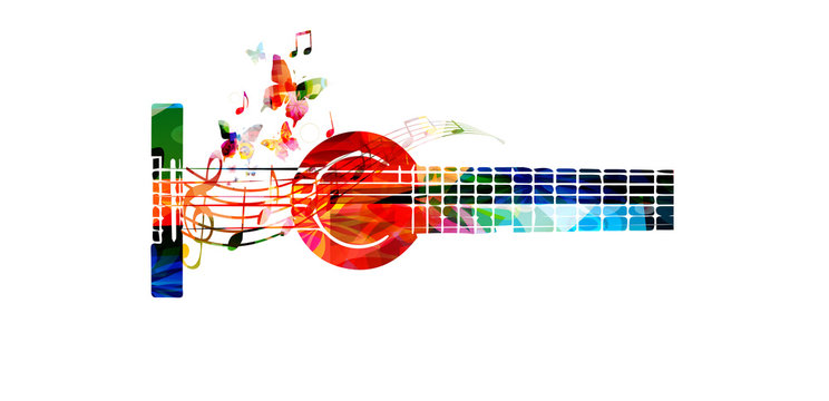 Colorful guitar with music notes vector illustration. Music background. Music instrument poster. Guitar design with g-clef for music event. Treble clef and music notes, musical symbols with guitar