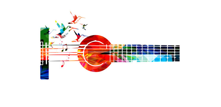 Colorful guitar with music notes vector illustration. Music background. Music instrument poster. Guitar design with g-clef for music event. Treble clef and music notes, musical symbols with guitar
