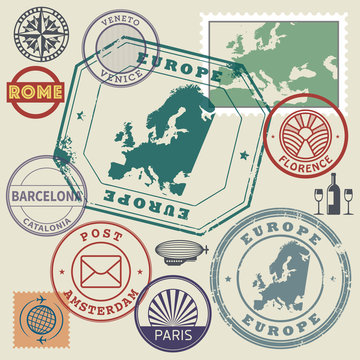 Travel stamps or symbols set, Europe destinations theme