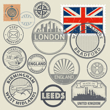 Travel stamps or symbols set, England and United Kingdom