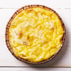 Casserole with pasta under a cottage cheese crust