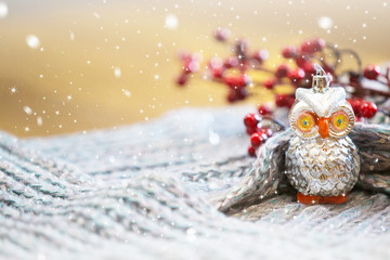 Christmas owl decoration, winter background 