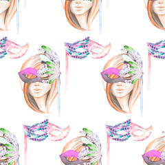 Masquerade theme seamless pattern with female image masked Venetian style, hand drawn on a white background