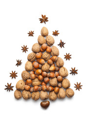Abstract christmas tree made of walnuts, hazelnuts and star anis