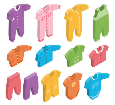 Isometric icon set children's clothes for newborn baby girl or boy on white background. Overalls, shirt, rompers, pants and baby's loose jacket. Collection of clothing. Vector 3d illustration.