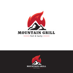 Mountain grill restaurant logo. Minimalistic logotype with fire.