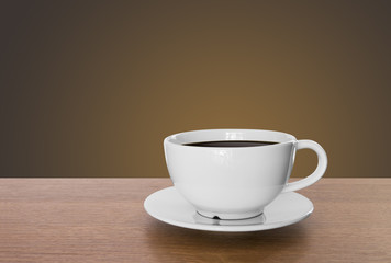 white coffee cup and hot espresso coffee on wooden table. brown background