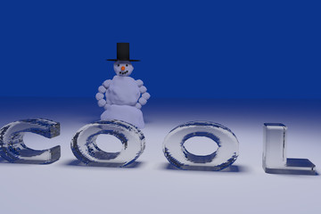 3D-Rendering eines Schneemanns und dem englischen Wort COOL mit Buchstaben aus massivem Eis
