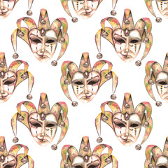Seamless pattern with venetian masks of laughter and sadness emotions, hand drawn on a white background in sepia color