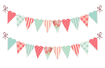 Obraz premium Cute vintage heart shaped shabby chic textile bunting flags ideal for Valentines Day, wedding, birthday, bridal shower, baby shower, retro party decoration etc