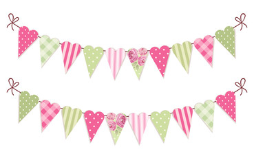Cute vintage heart shaped shabby chic textile bunting flags ideal for Valentines Day, wedding, birthday, bridal shower, baby shower, retro party decoration etc