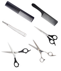 Comb with scissors and razor on a white background