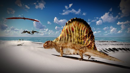 Flying pterodactyl over the land 3d illustration © satori