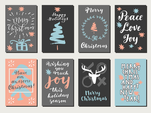 Merry Christmas, Happy New Year, Peace Love Joy, Wishing You Much Joy This Holiday Season. Vintage hand drawn greeting cards, gift tags, postcards, posters. Calligraphic artwork