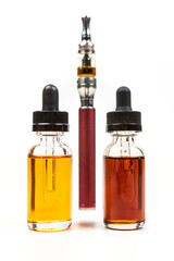 Assorted flavors of vape juice and an ecigarette isolated on white background
