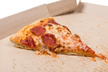 Leftover pizza in box isolated on white background