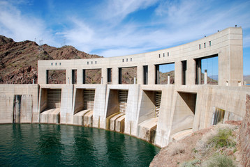 Parker Dam on the border of California and Arizona, Lake Havasu and Colorado river - obrazy, fototapety, plakaty