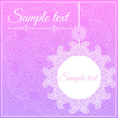 Elegant lace decoration, circular pendant on ornamental pink background, mandala, greeting card, wedding invitation or announcement template, vector