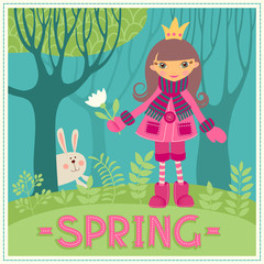 Template greeting card or banner with the girl in the forest. Spring. Seasons