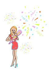 Kleurige lijntekening van meisje met confetti kanon